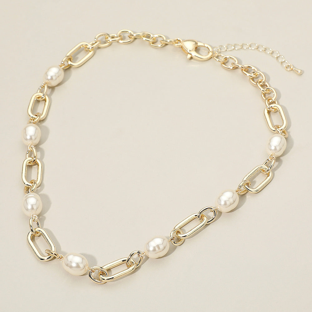 14K Gold Plated Pearl Link Chain Necklace M H W ACCESSORIES LLC 14K Gold Plated Pearl Link Chain Necklace
