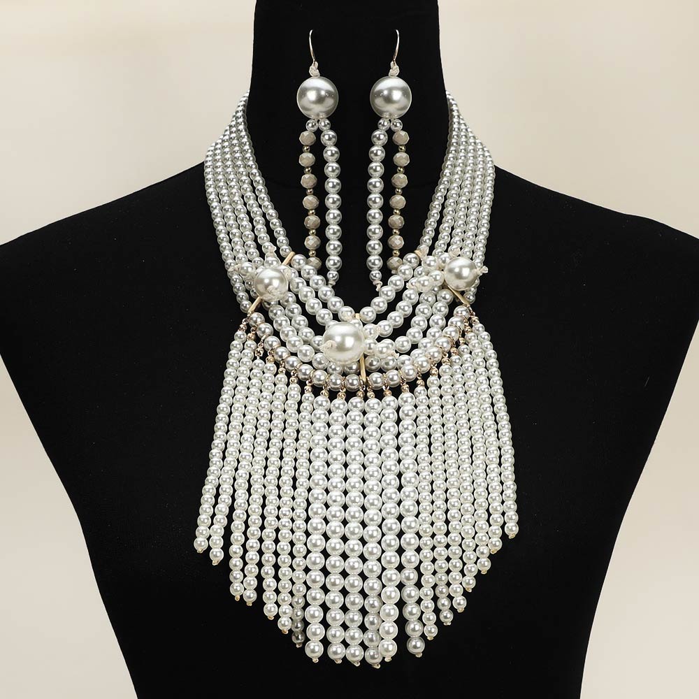 Multi Layered Pearl Fringe Statement Necklace Set M H W ACCESSORIES LLC Multi Layered Pearl Fringe Statement Necklace Set