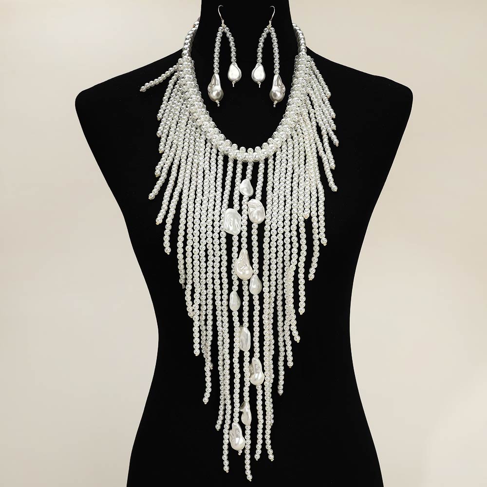 Pearl Bold Cascading Pearl Beaded Fringe Statement Necklace Set M H W ACCESSORIES LLC Pearl Bold Cascading Pearl Beaded Fringe Statement Necklace Set