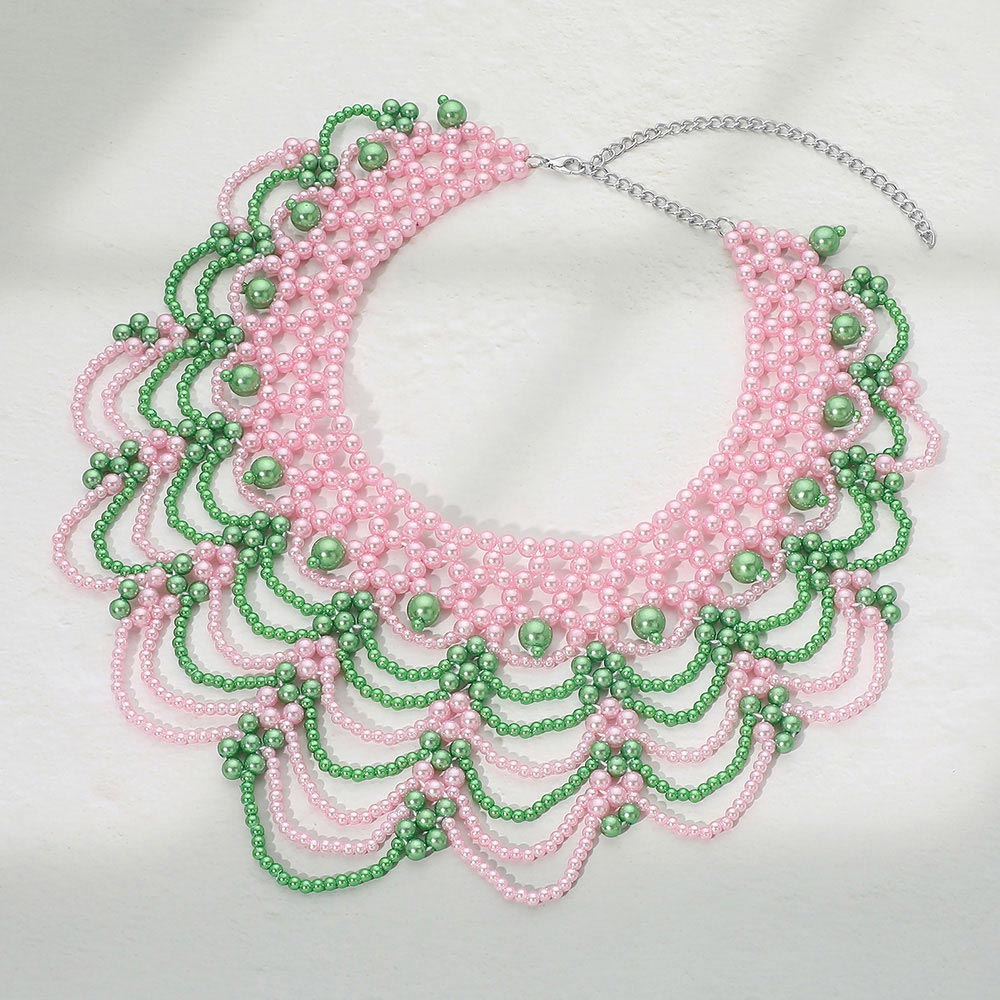 Pink & Green Elegant Pearl Beaded Bib Statement Choker Necklace M H W ACCESSORIES LLC Pink & Green Elegant Pearl Beaded Bib Statement Choker Necklace
