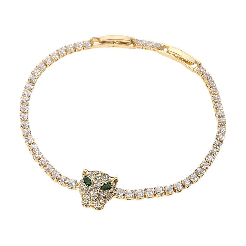 Panther Head CZ Cluster Gold Tennis Chain Bracelet