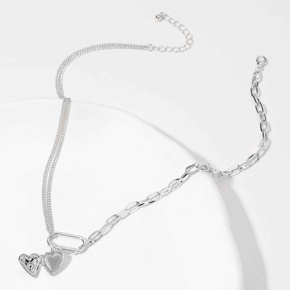 Paved Heart Locket Carabiner Charm Half Paper Clip Chain Necklace