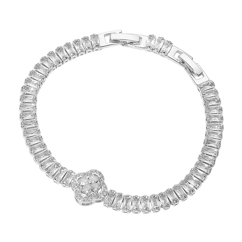 Paved Quatrefoil Pointed Gold Baguette Cluster Tennis Chain Bracelet - M H W ACCESSORIES LLC
