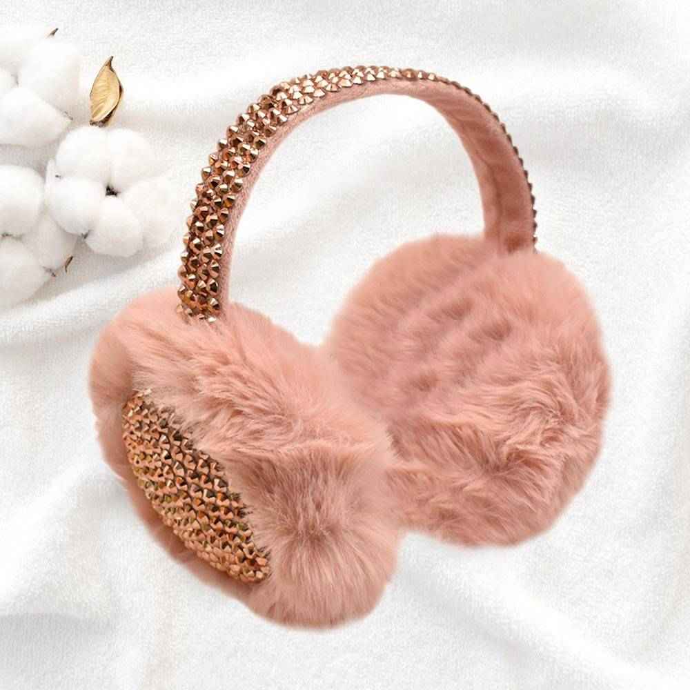 Peach Studded Fluffy Plush Fur Foldable Earmuff