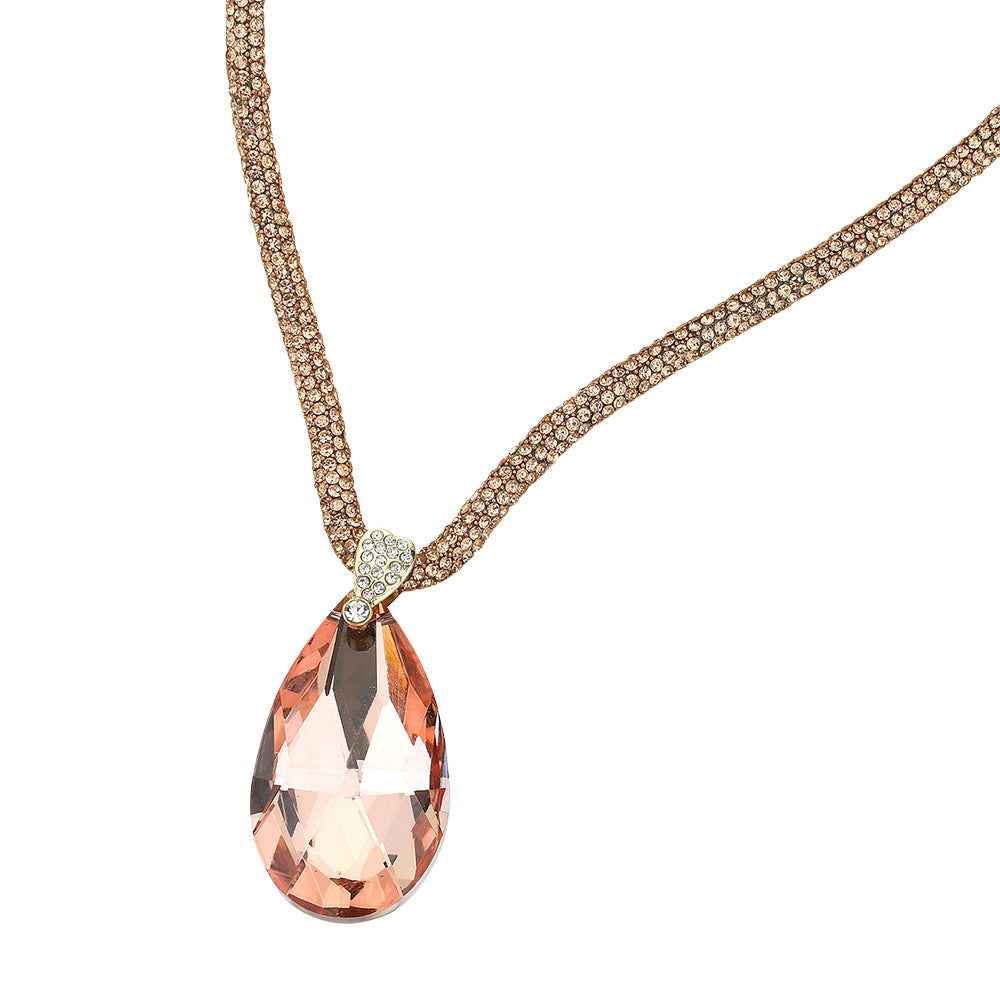 Peach Teardrop Faceted Stone Pendant Bling Studded Necklace