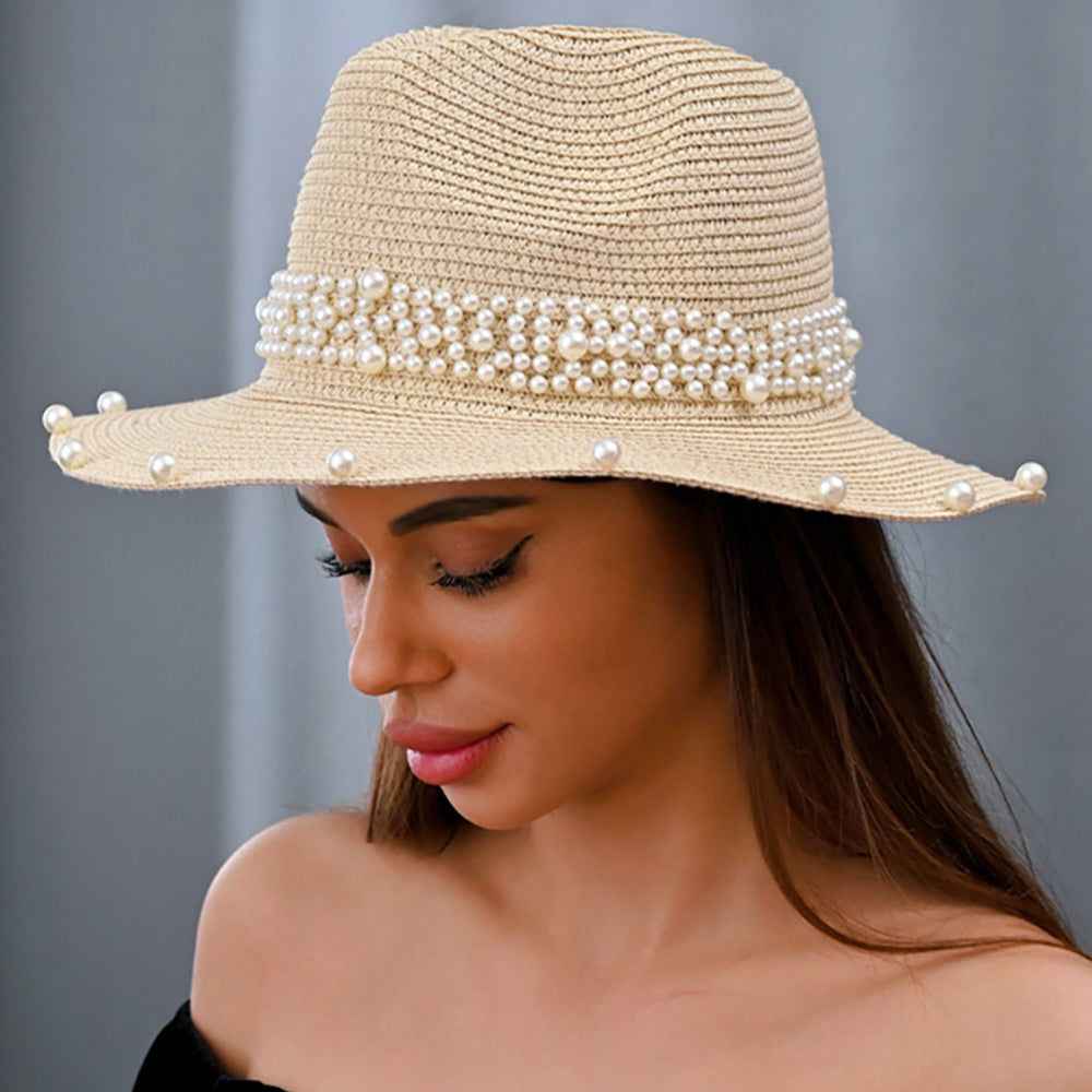 Pearl Embellished Beige Fedora Sun Hat