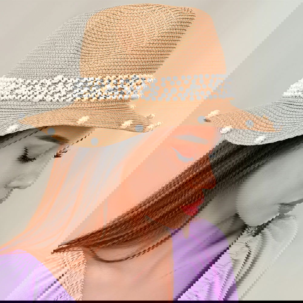 Pearl Embellished Khaki Fedora Sun Hat - M H W ACCESSORIES LLC