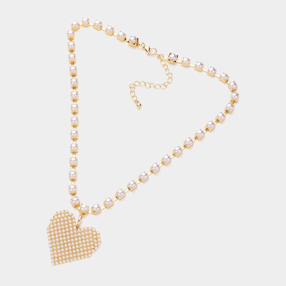 Pearl Paved Heart Pendant Necklace