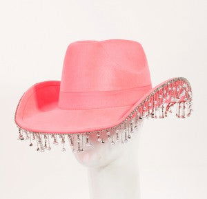 Pearl Rhinestone Fringe Trim Western Pink Cowboy Hat - M H W ACCESSORIES LLC