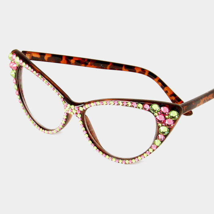Pink AND Green Crystal Cat Eye Clear Lens Sunglasses-M H W ACCESSORIES - M H W ACCESSORIES LLC