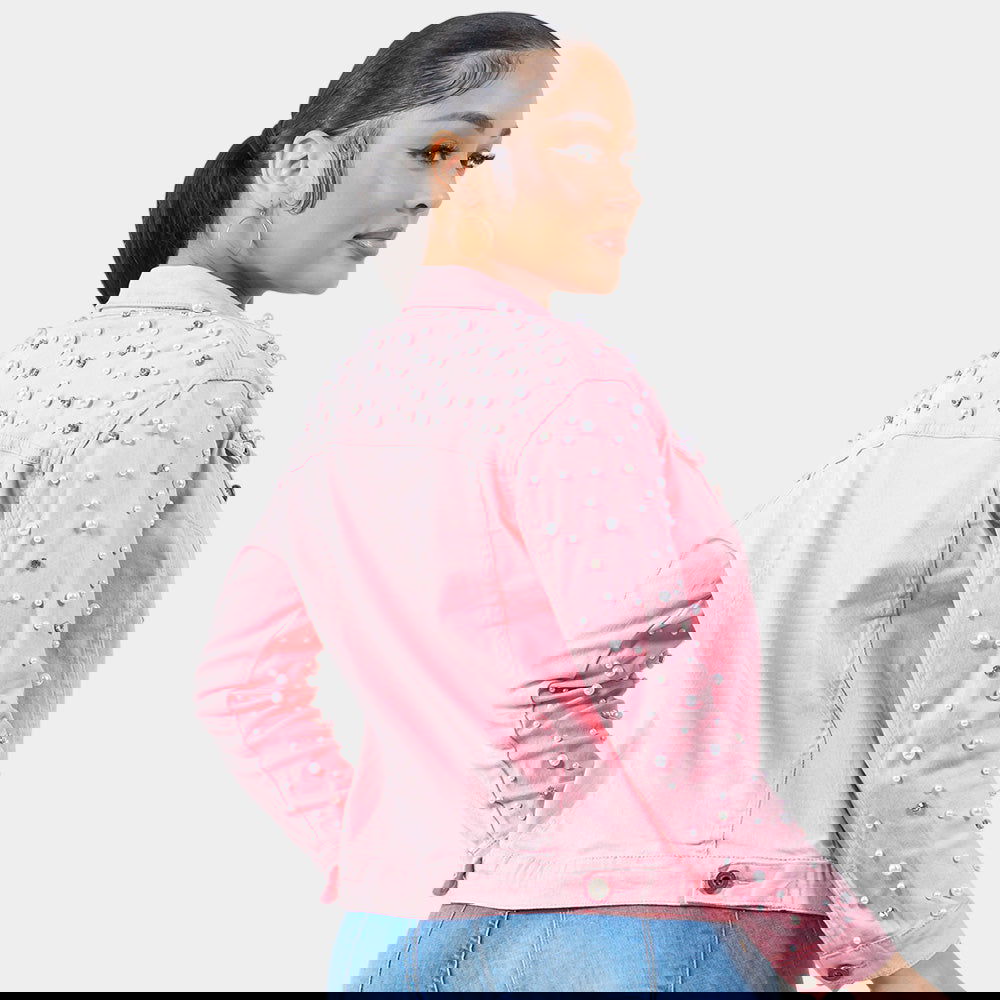 Pink Bling Pearl Bling Denim Jacket -L/XL - M H W ACCESSORIES LLC