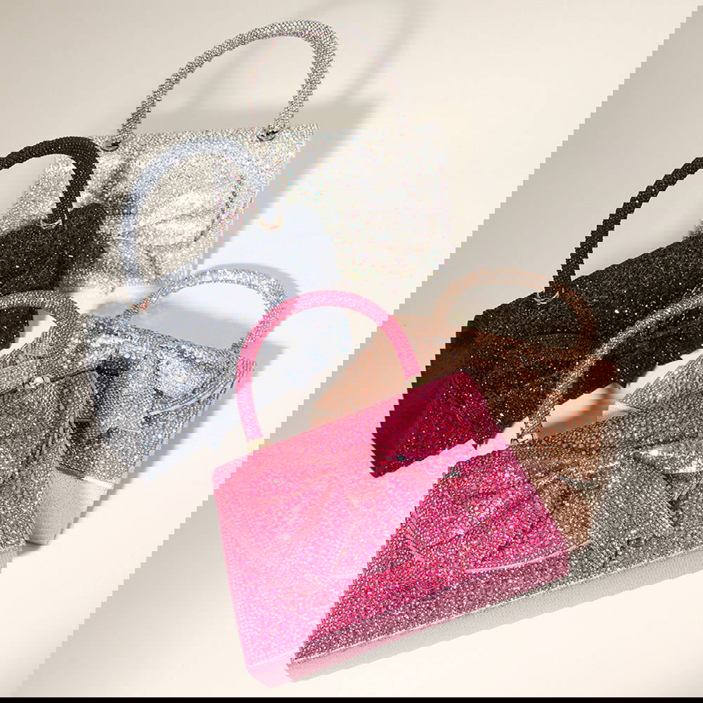Pink Bling Studded Bow Accented Top Handle Evening Hand Bag / Crossbody Bag - M H W ACCESSORIES LLC