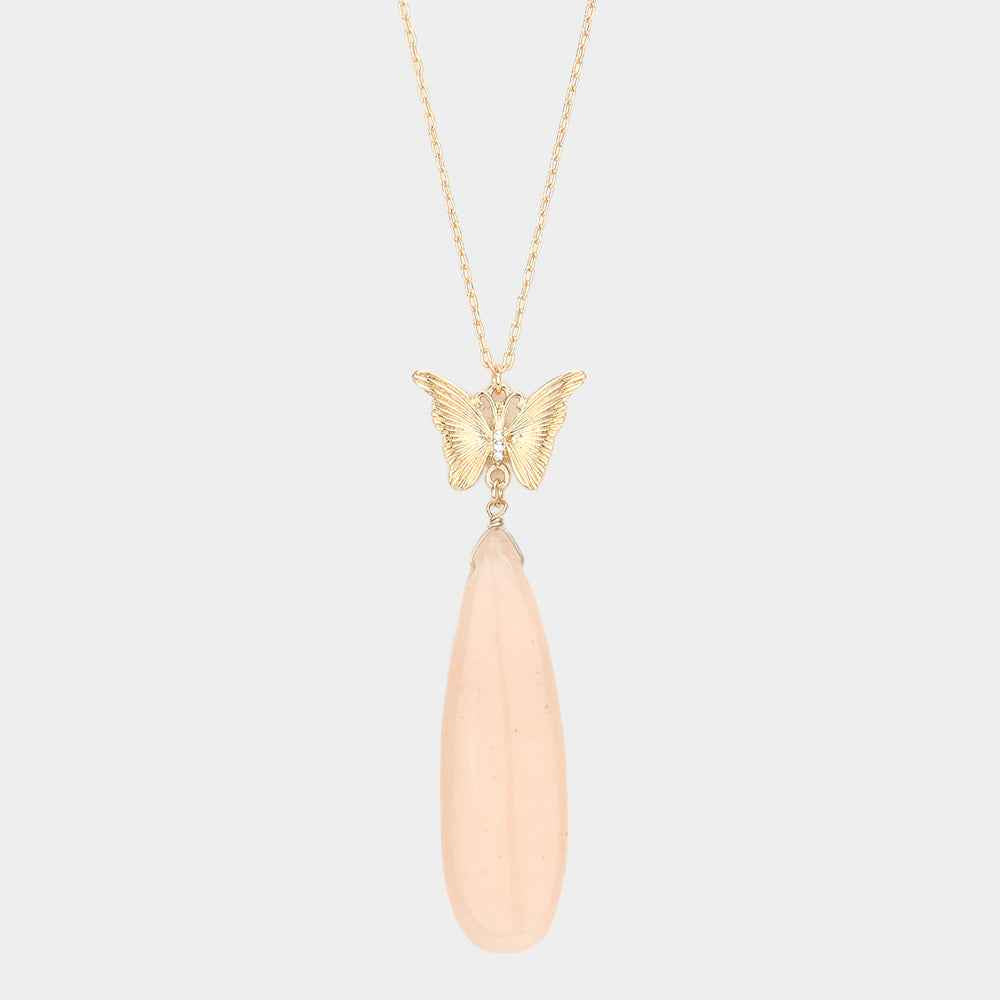 Pink Butterfly Natural Stone Teardrop Link Pendant Long Necklace
