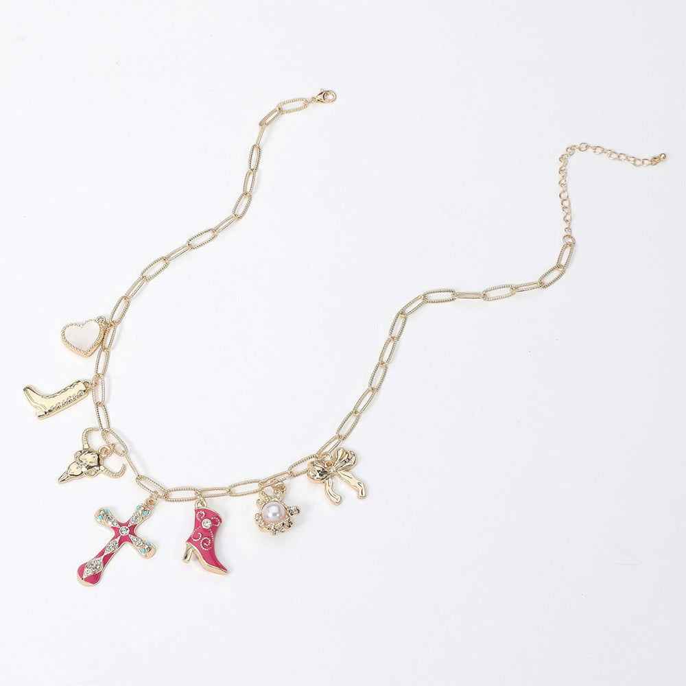 Pink Cross Cowboy Boot Metal Steer Head Bow Pearl Heart Charm Chain Necklace