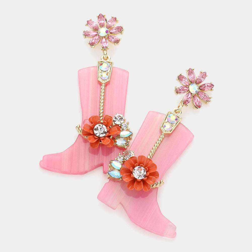 Pink Crystal Western Boots Dangle Earrings-M H W ACCESSORIES