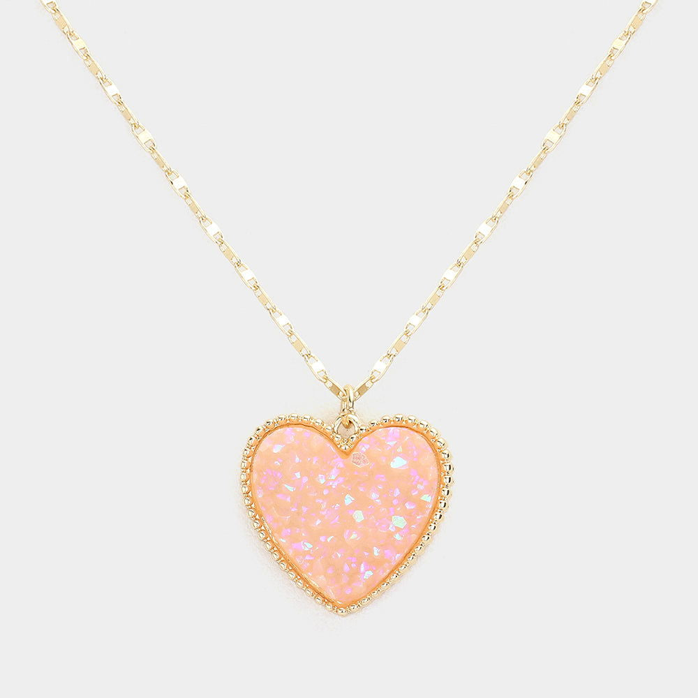 Pink Druzy Heart Pendant Necklace - M H W ACCESSORIES LLC