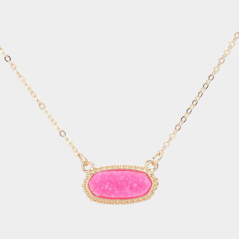 Pink Druzy Hexagon Pendant Necklace