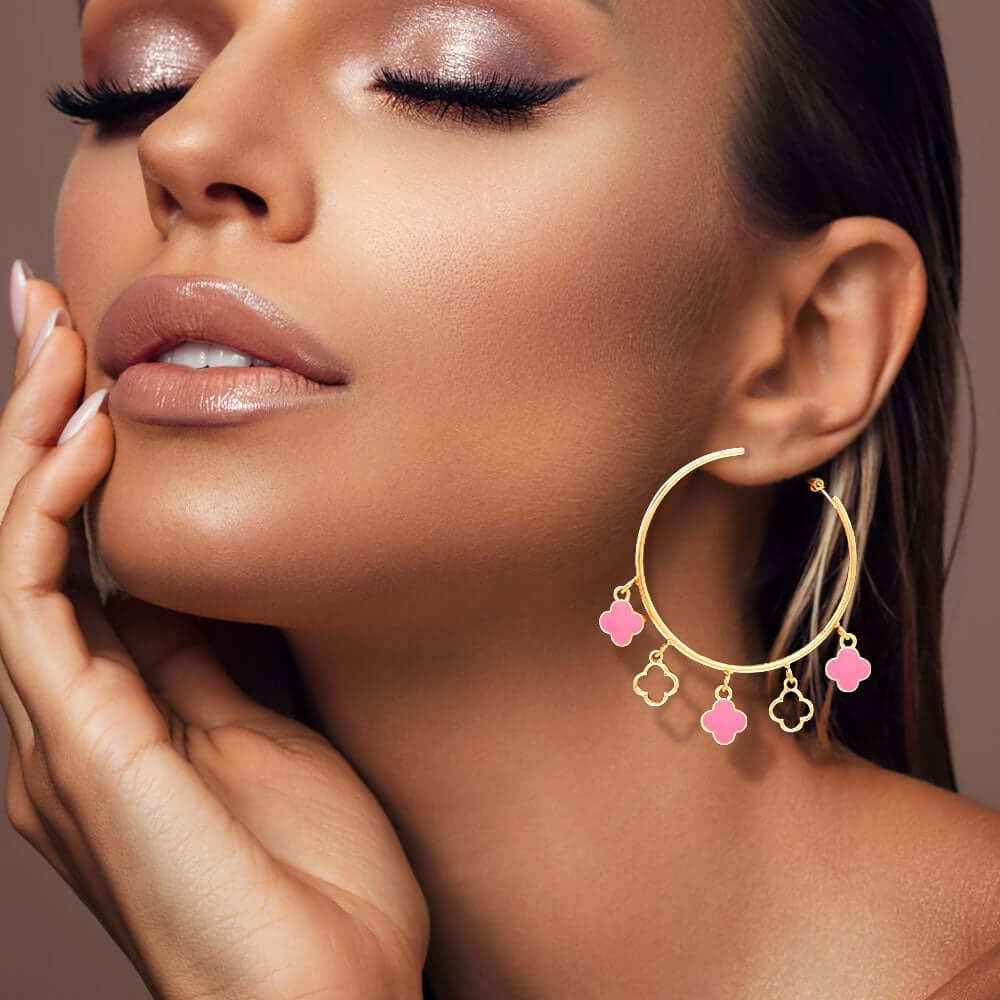 Pink Enamel Quatrefoil Dangle Hoop Earrings