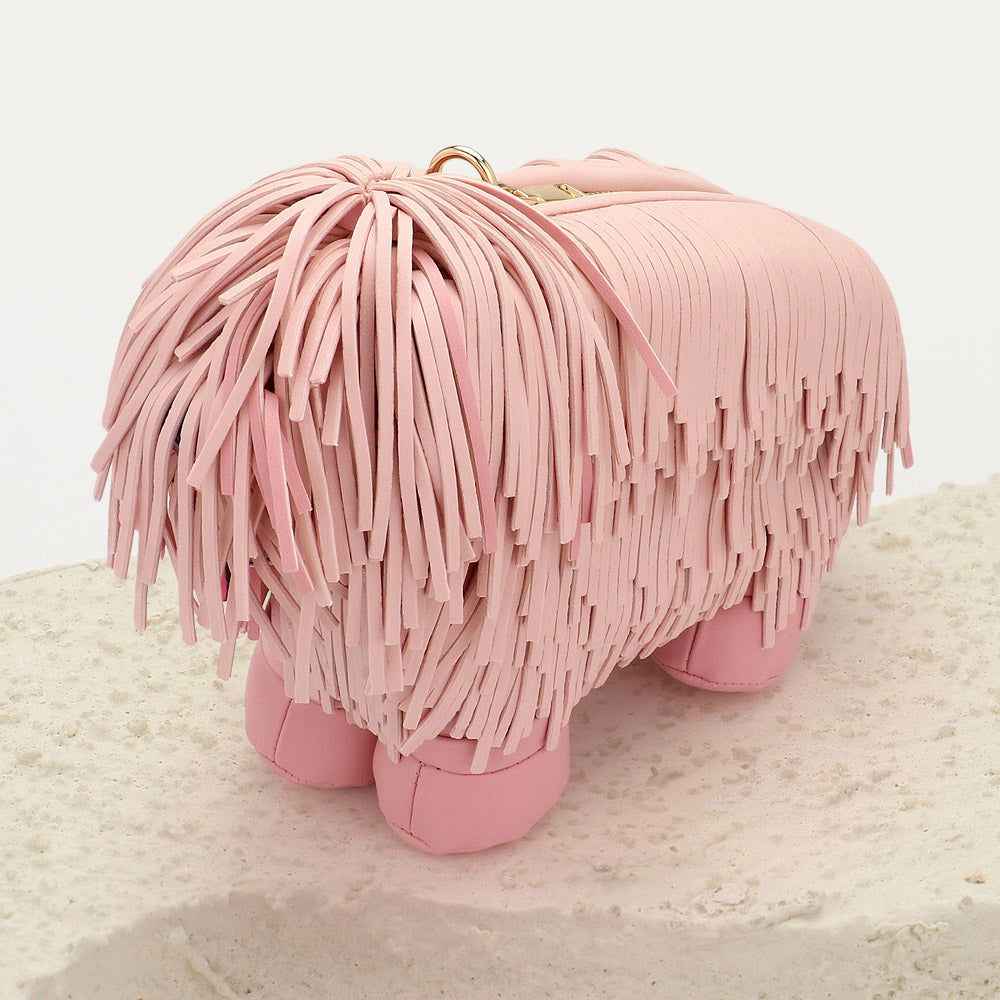 Pink Faux Leather Fringe Dog Crossbody Handbag