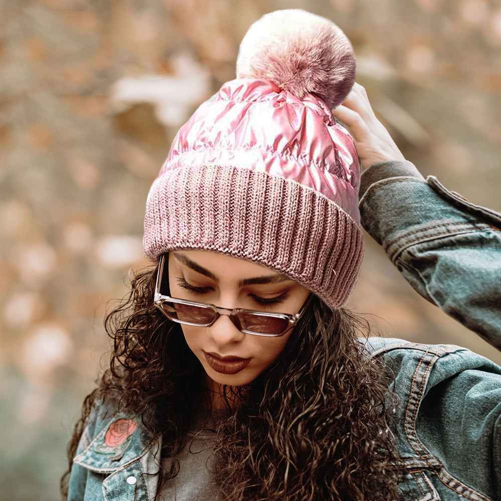 Pink Fleece Lining Puffer Knit Pom Pom Beanie Hat