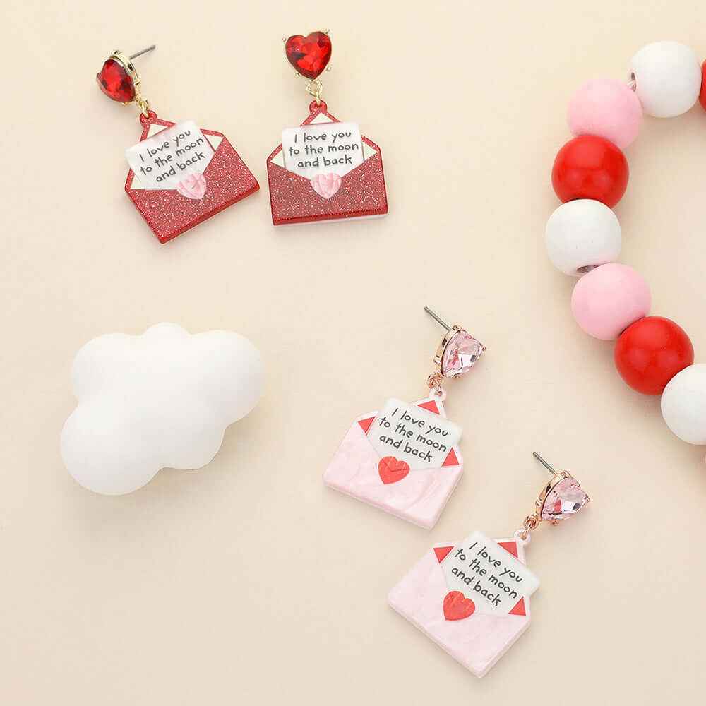 Pink Glittered Resin Love Letter Dangle Earrings