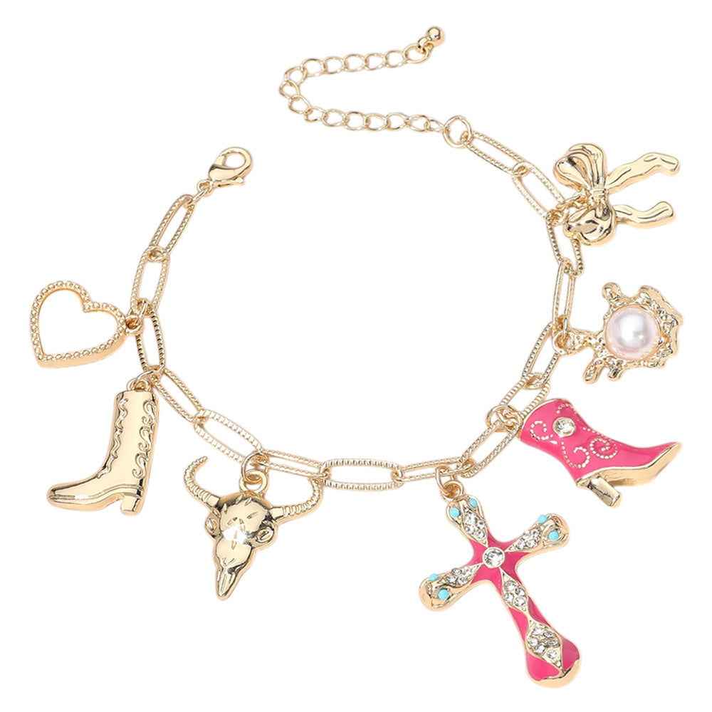 Pink & Gold Enamel Cross Cowboy Boot Metal Bow Pearl Heart Charm Station Chain Bracelet