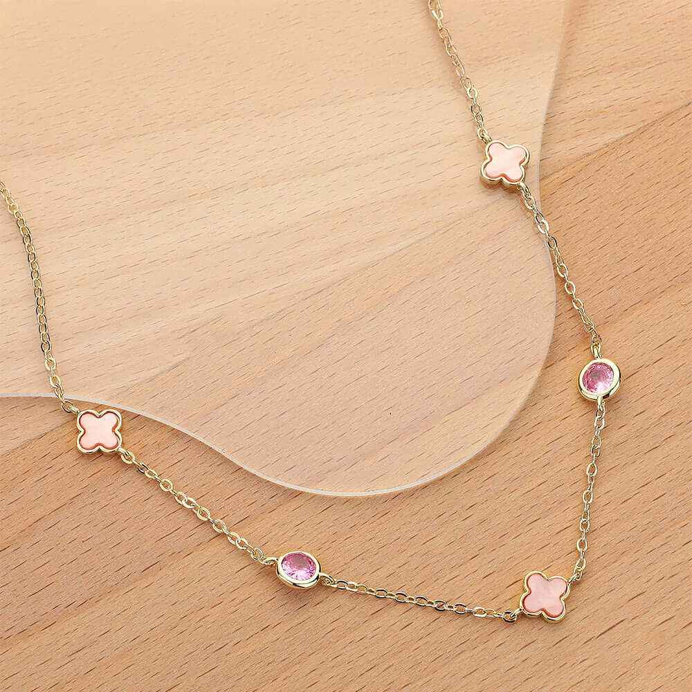 Pink & Gold Quatrefoil Charm Station Necklace