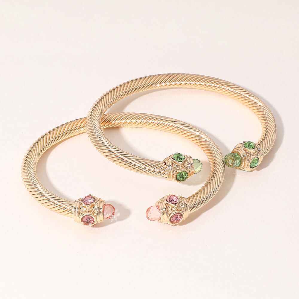 Pink & Green 2PCS - CZ Tip Gold Twisted Cuff Bracelet