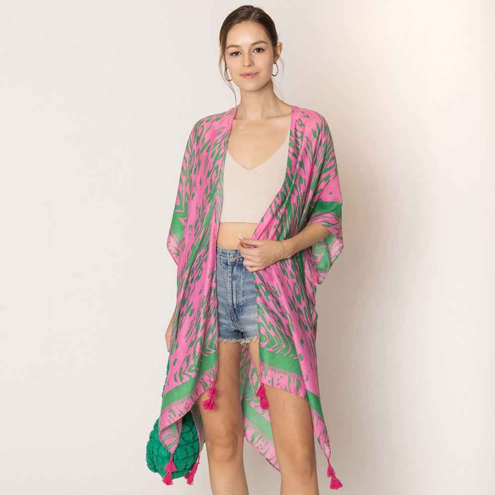 Pink & Green Animal Print Kimono Poncho With Tassel for Women