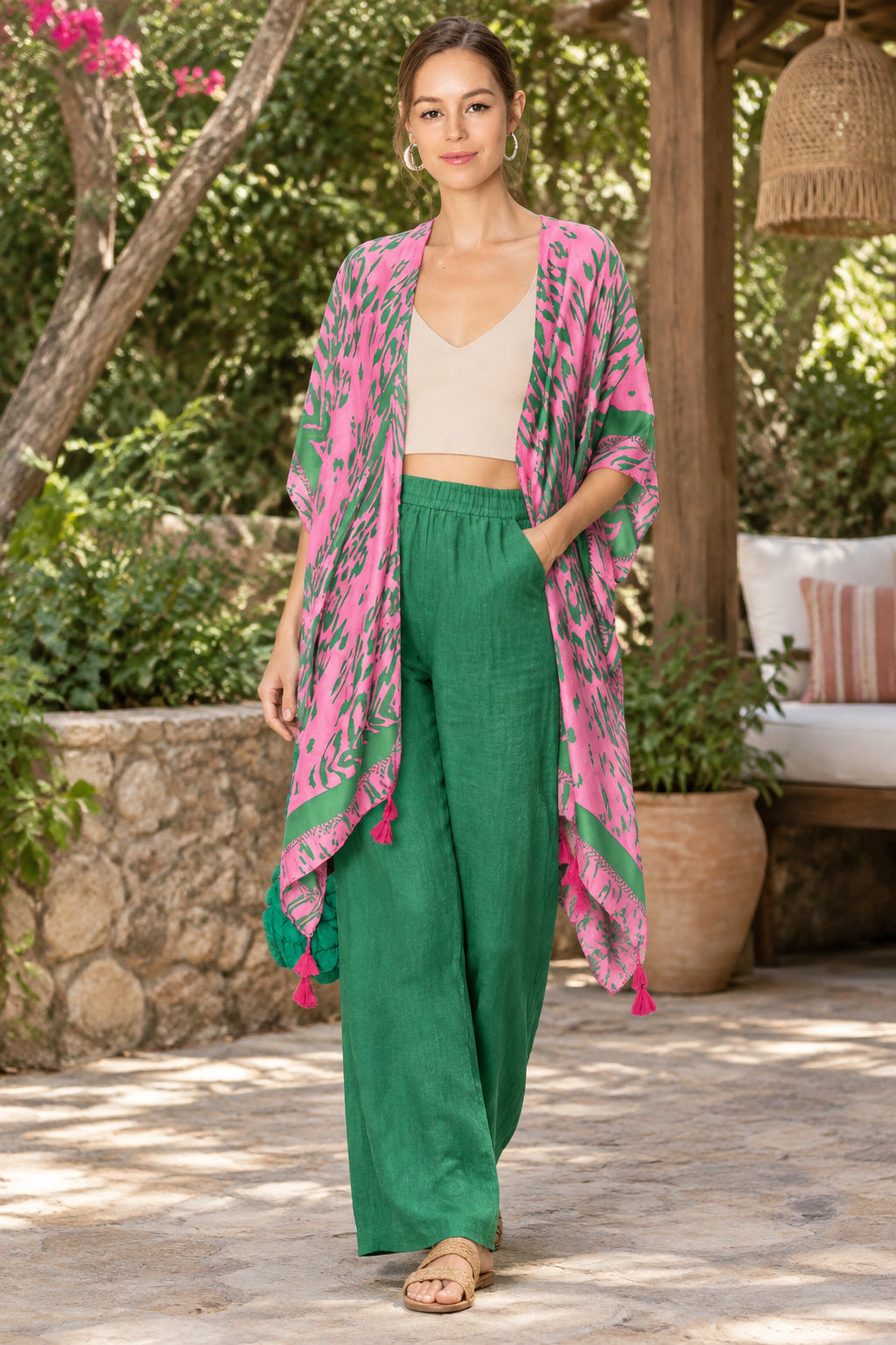 Pink & Green Animal Print Kimono Poncho With Tassel for Women