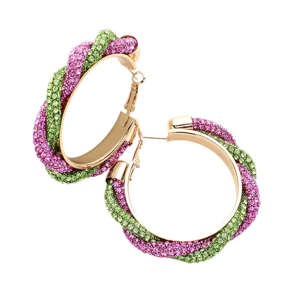 Pink & Green Bling Studded Twisted Hoop Earrings