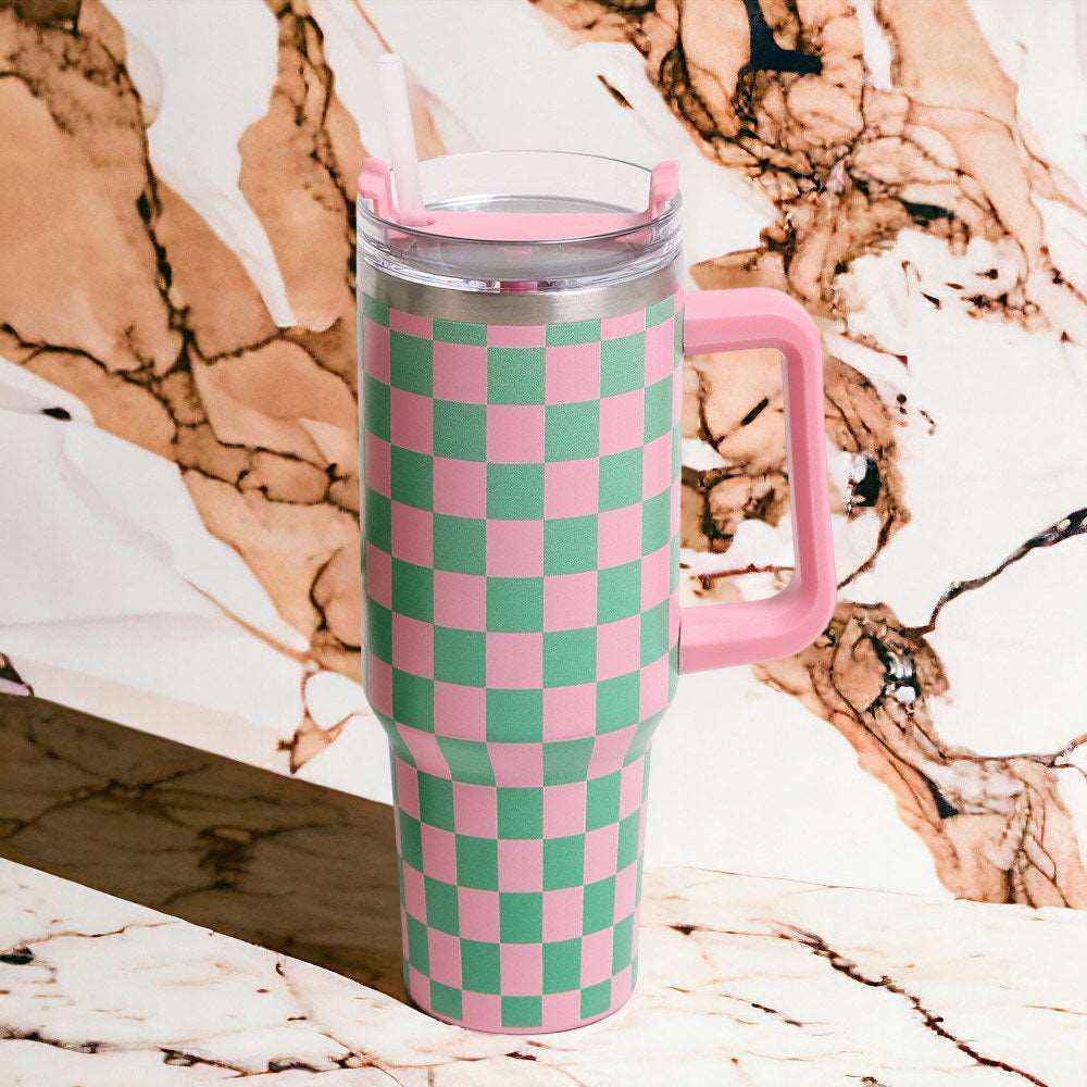 Pink & Green Checkered Stainless-Steel Tumbler