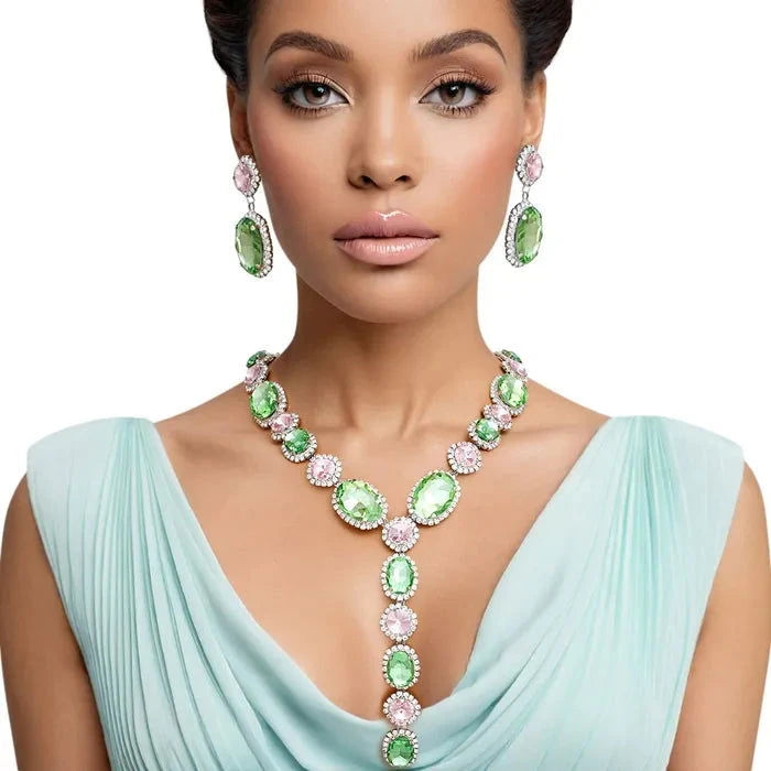 Pink Green Crystal Y Necklace Set - M H W ACCESSORIES LLC