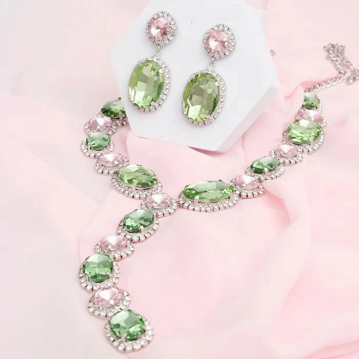 Pink Green Crystal Y Necklace Set - M H W ACCESSORIES LLC