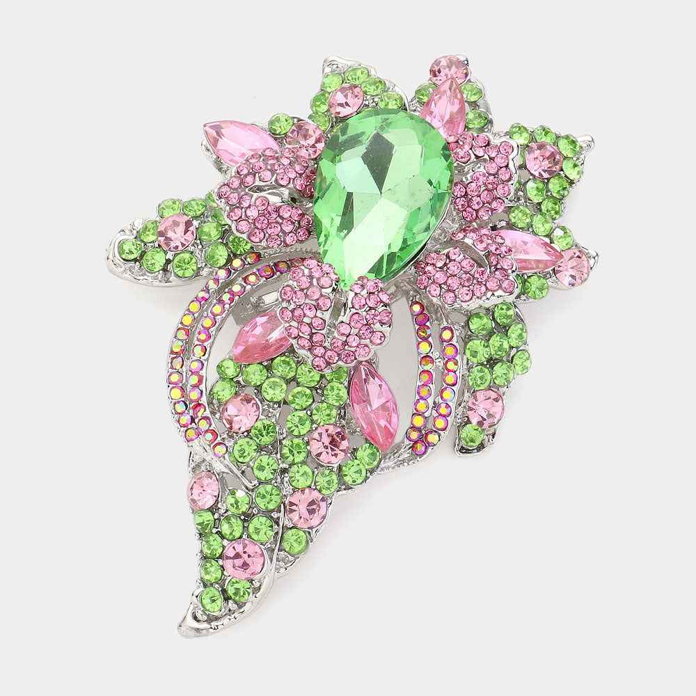 Pink & Green Floral Crystal Pave Bouquet Brooch / Pendant