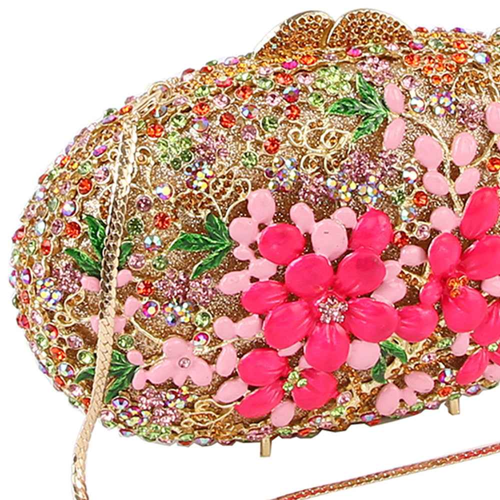 Pink & Green Flower Crystal Rhinestone Oval Clutch Evening Bag