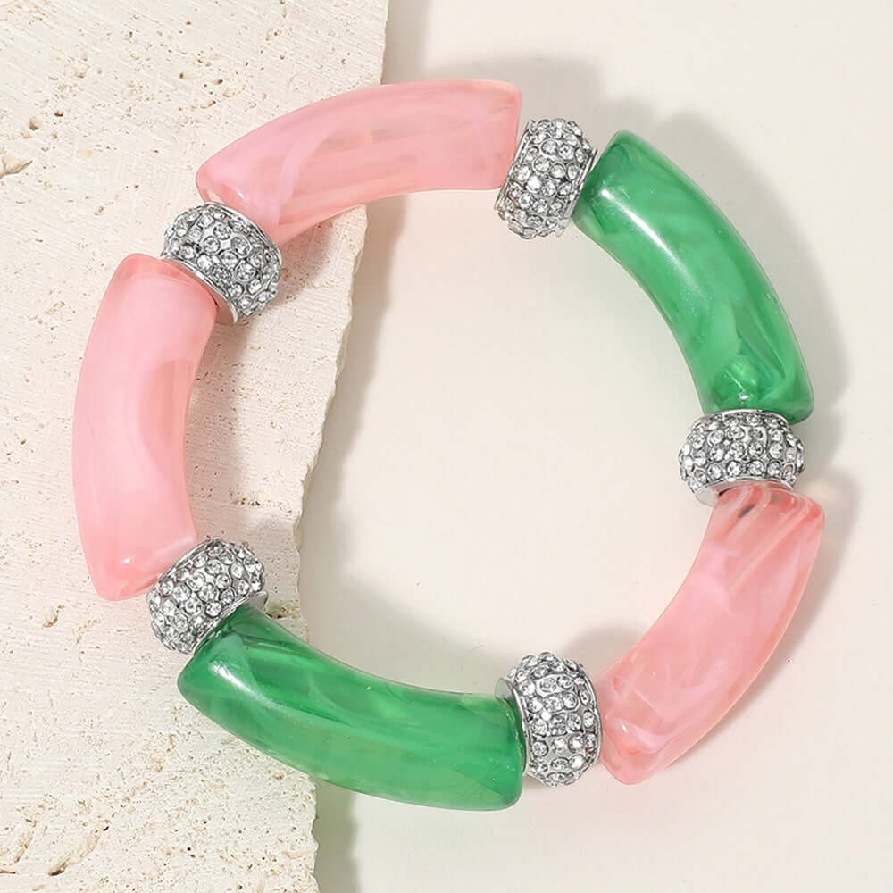 Pink & Green Paved Ring Acetate Bar Beaded Stretch Bracelet - M H W ACCESSORIES LLC