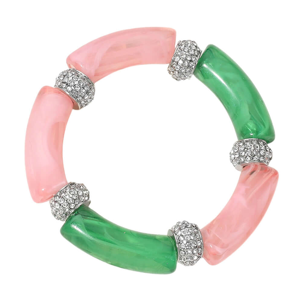 Pink & Green Paved Ring Acetate Bar Beaded Stretch Bracelet - M H W ACCESSORIES LLC