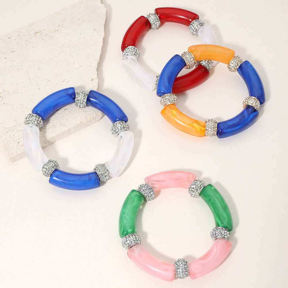 Pink & Green Paved Ring Acetate Bar Beaded Stretch Bracelet