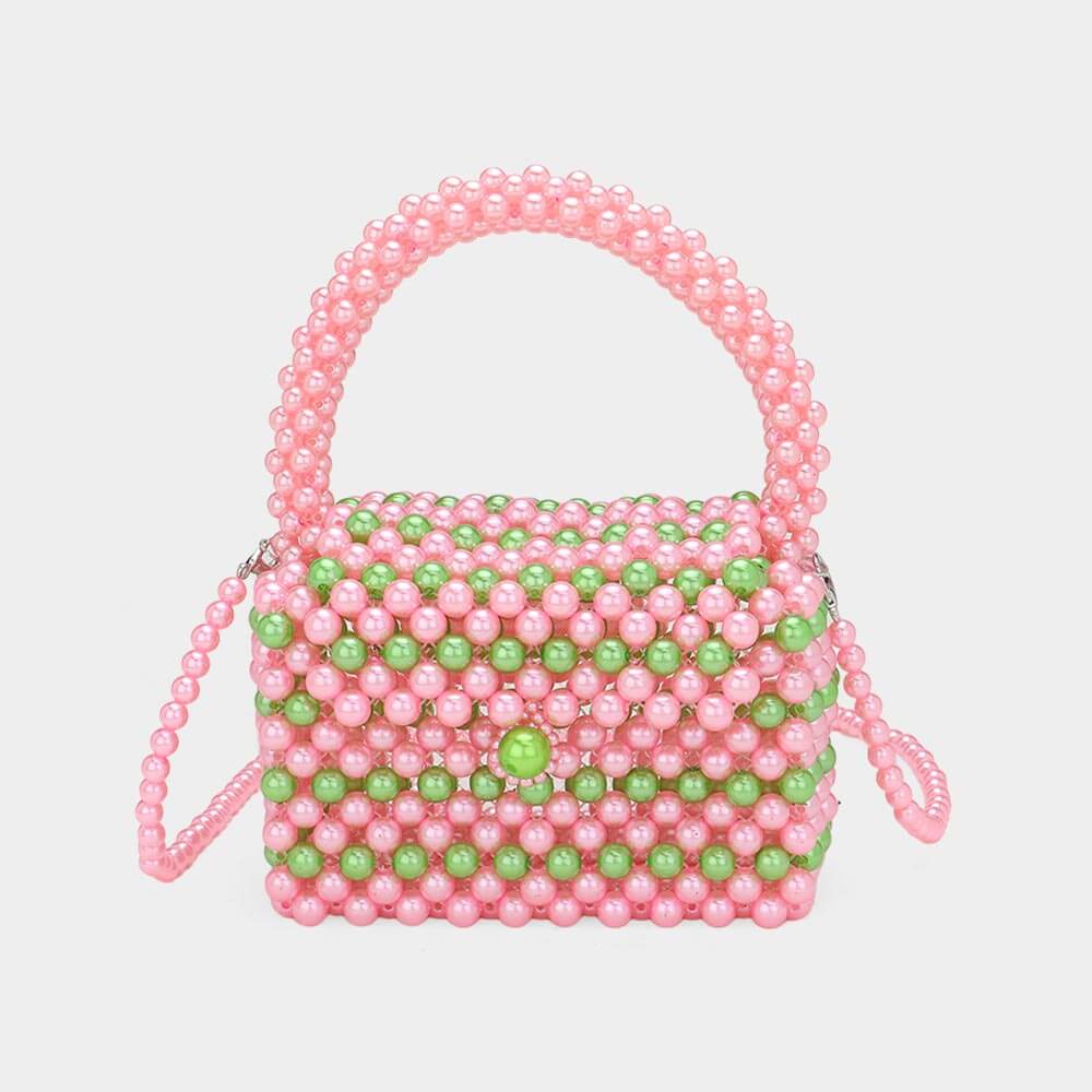 Pink & Green Pearl Beaded Mini Top Handle Handbag / Crossbody Bag - M H W ACCESSORIES LLC