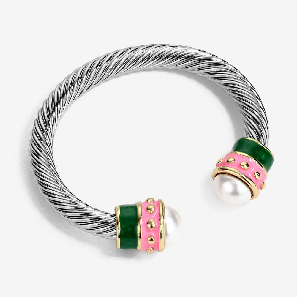 Pink & Green Pearl Tip Enamel Two Tone Cuff Bracelet - M H W ACCESSORIES LLC
