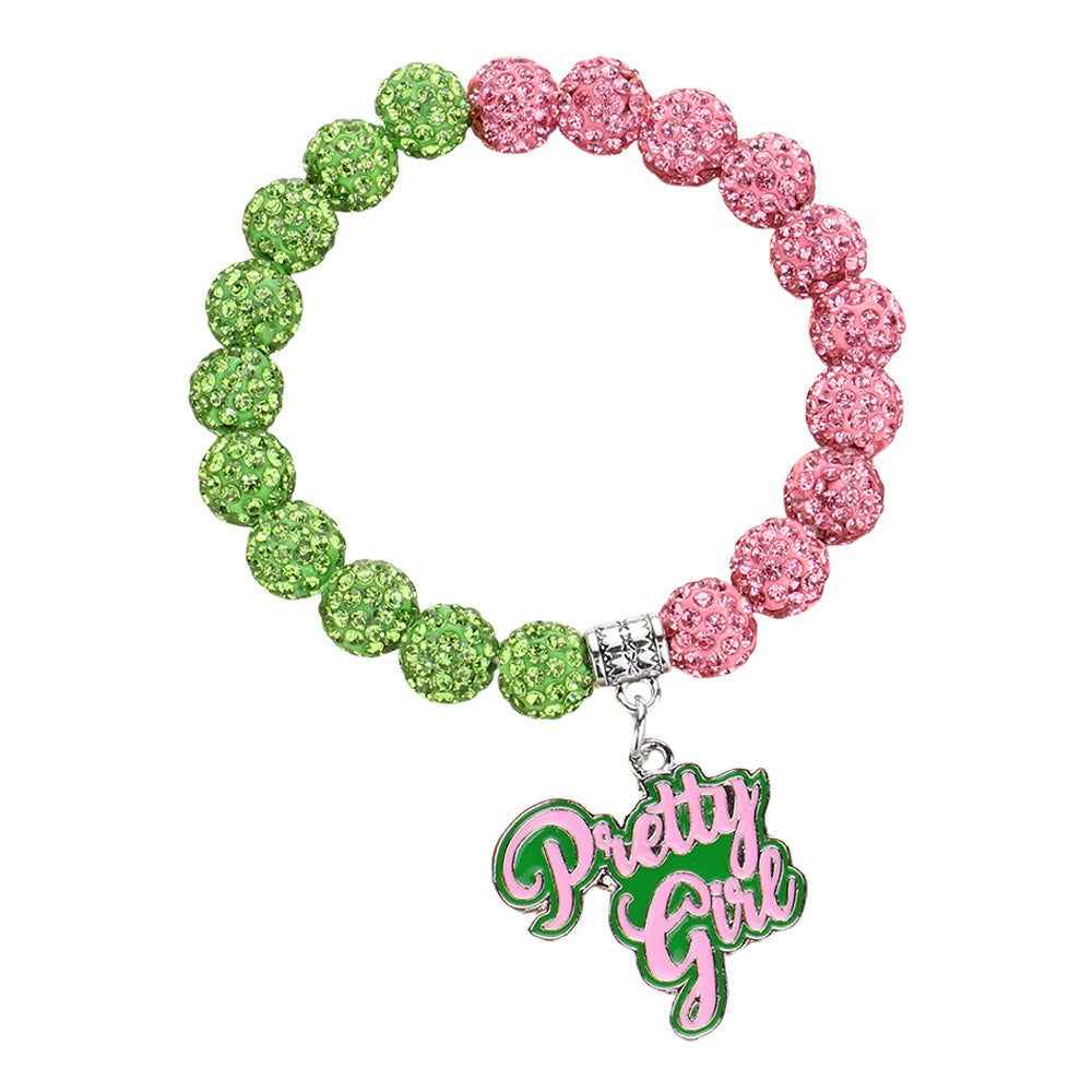 Pink & Green Pretty Girl Message Charm Shamballa Ball Beaded Stretch Bracelet