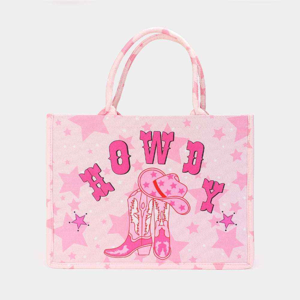 Pink HOWDY Cowboy Boots Printed Tote Bag- M H W ACCESSORIES
