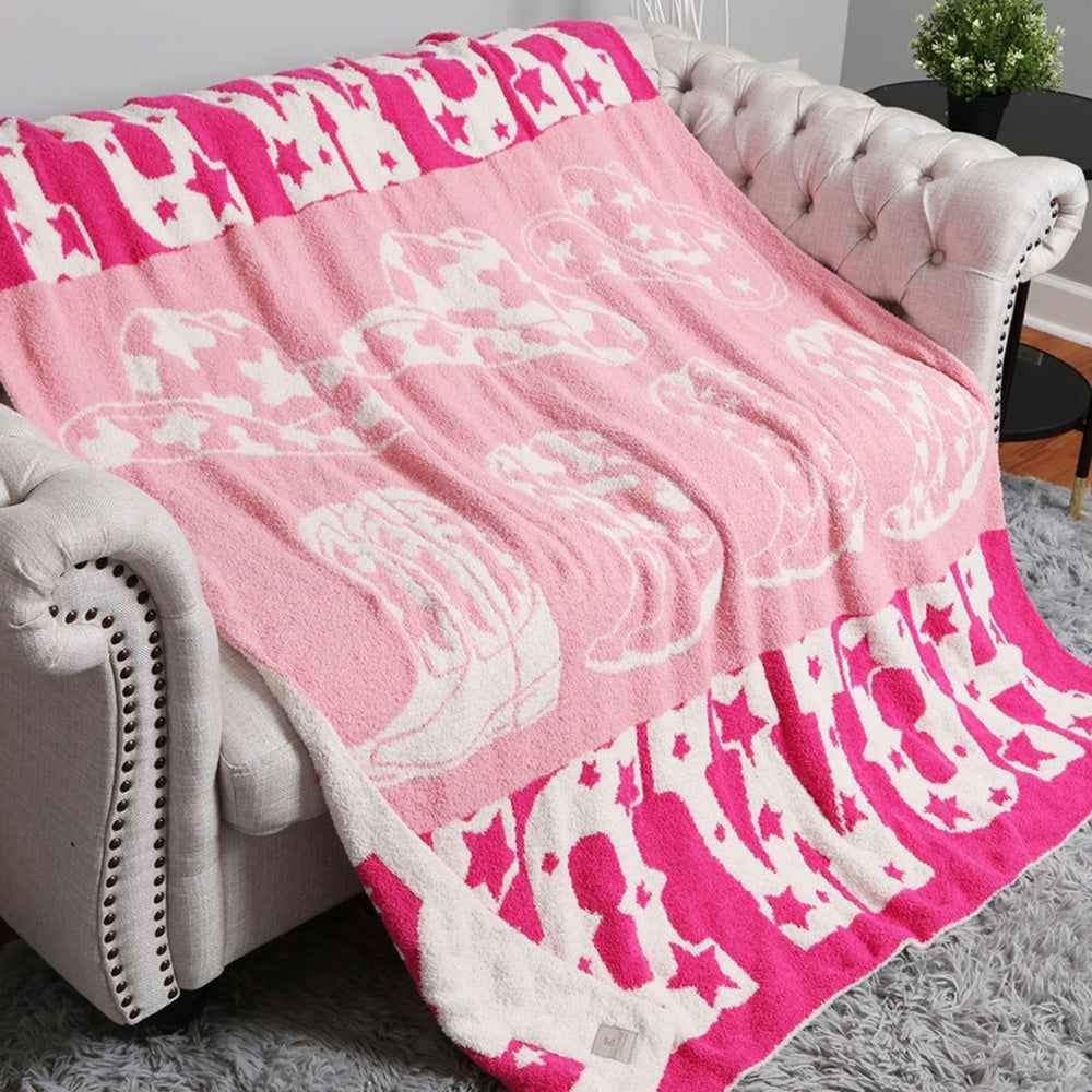 Pink Howdy Cowboy Hat Boots Reversible Throw Blanket