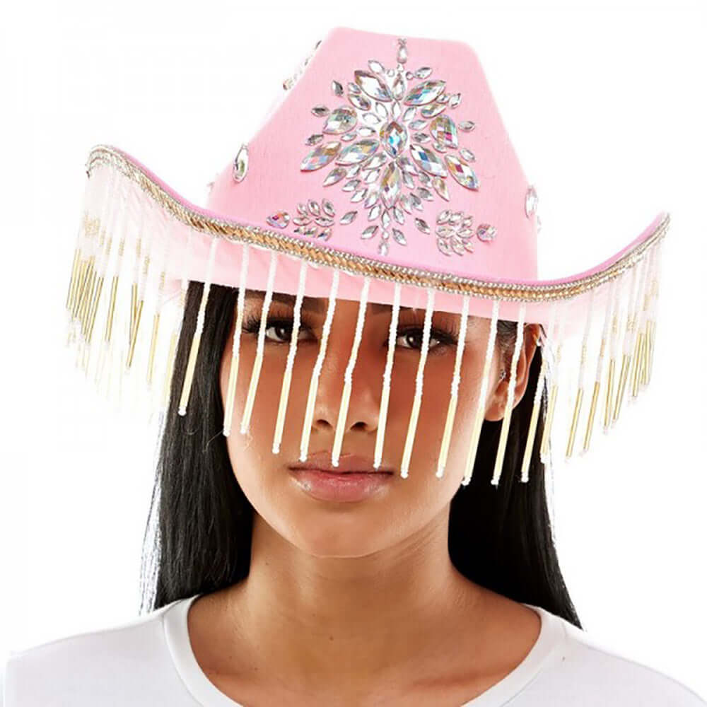 Pink Rhinestone Embellished Band Pointed Rhinestone Stone Paved Fringe Around Cowboy Western Hat - M H W ACCESSORIES LLC