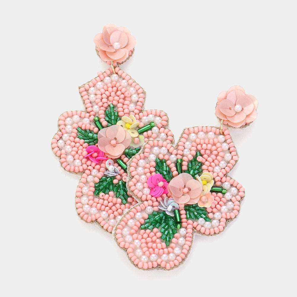 Pink Seed Beaded Flower Cross Dangle Earrings-M H W ACCESSORIES