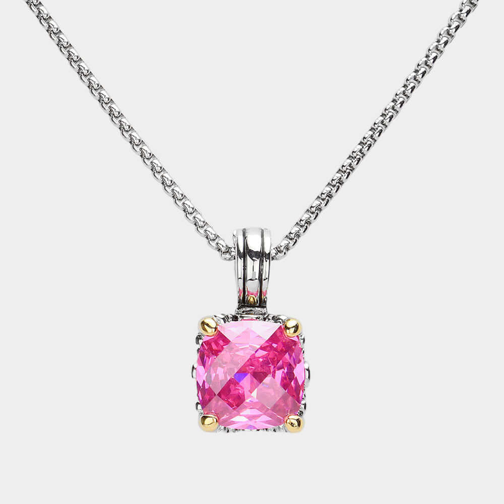 Pink Square Cubic Zirconia Stone Cluster Pendant Necklace - M H W ACCESSORIES LLC