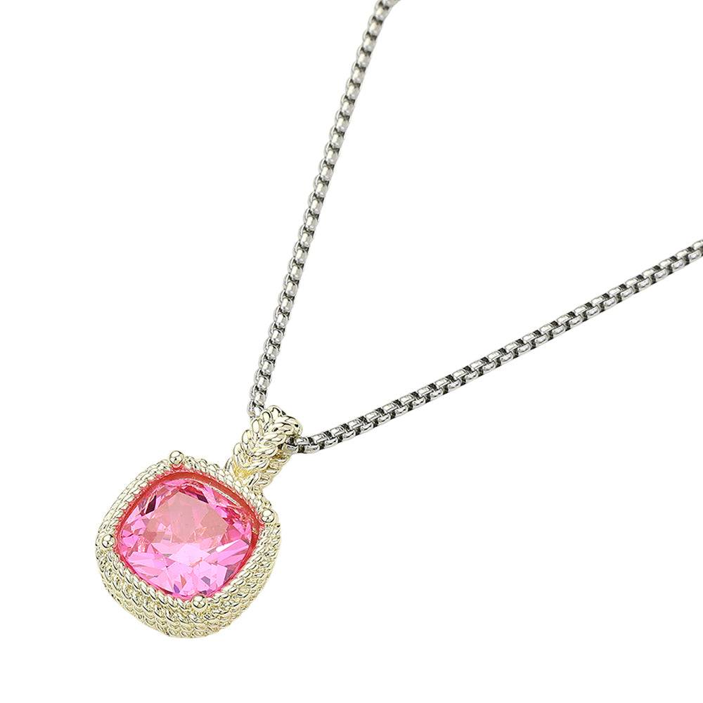 Pink Stone Necklaced Pendant 14K Gold Plated Square CZ Necklace - M H W ACCESSORIES LLC