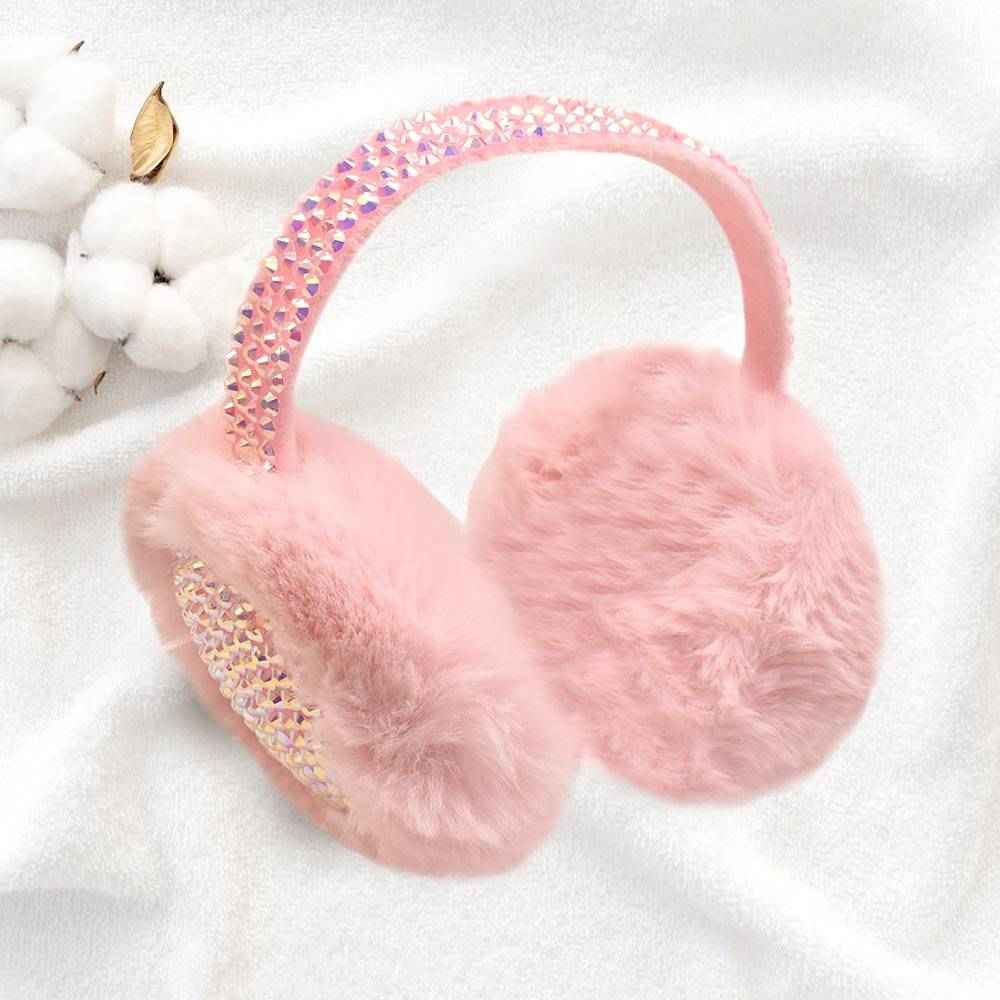 Pink Studded Fluffy Plush Fur Foldable Earmuff