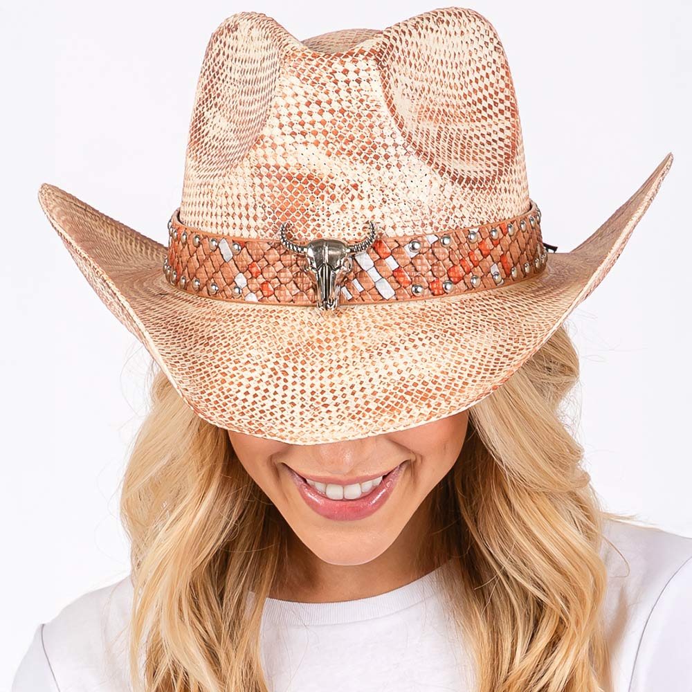 Pink Vintage Cowboy Hat with Western Bull and Stud Design - M H W ACCESSORIES LLC